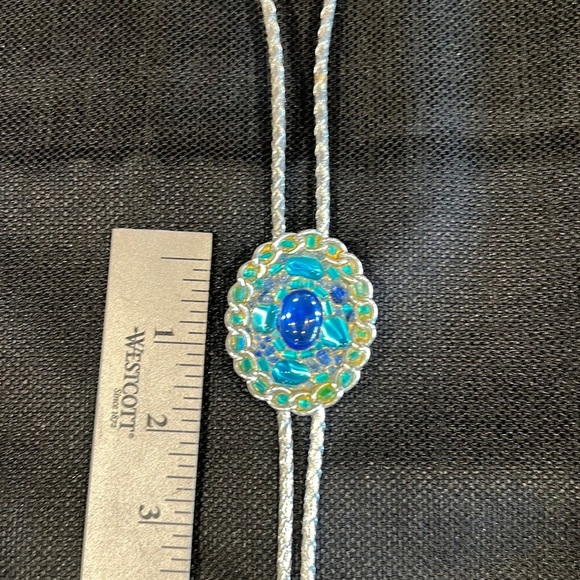 Silver Corded Bolo Tie & Tips with Silver Tone Faux Rhinestone Slide - Picture 7 of 9